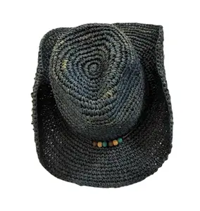 하이 퀄리티 라피아 모자 제조 업체 야외 쇼핑 라피아 밀짚 모자 파나마 여름 솜브레로 라피아 블랙 밀짚 모자