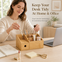 Organisateur de bureau et de documents en bambou naturel personnalisé à trois niveaux et multi-compartiments avec porte-stylos pour le bureau et l'école