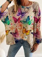 Sweater Rajut Wanita Motif Kupu-kupu Cerah 2026 Oversized Kerah Bulat Jaring Pointelle 100% Poliester Atasan Boho Berlubang