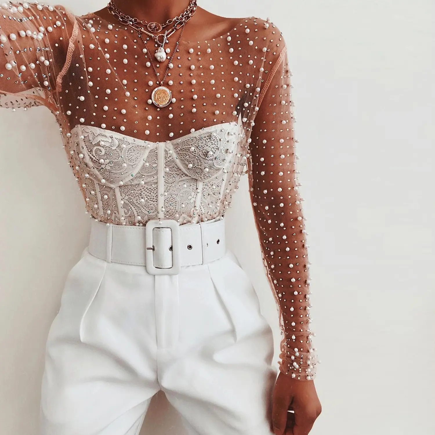 Sexy See Through T Shirt Blouse Women Mesh Patchwork Diamonds Pearl Slim T-Shirts Elegant Crop Tops Female 2024 Spring Clothes