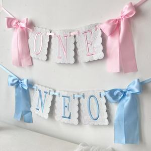 Bannière de chaise haute pour adulte PAFU en satin rose et bleu avec nœud, décoration pour fête de 1er anniversaire - Product Image 4