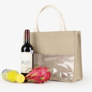 Custom Shopping <b>Gift</b> Bridesmaids Birthday Wine Decorated Recycled Transparent Tote Jute <b>Bag</b> With Window - Product Image 6