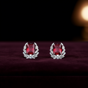 Boucles d'oreilles clous en cristal rouge tendance, motif floral taille princesse, serti clos, bijoux de fête pour femme en alliage - Product Image 2