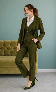Conjunto de Traje Verde Oliva para Mujer, 3 Piezas, con Chaleco y Blazer, Traje Elegante para Negocios, Ropa Formal de Oficina Sofisticada, Corte Entallado - Product Image 3