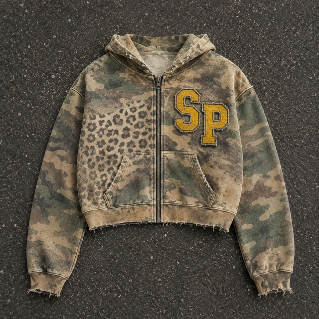 Unique Camo Leopard Print Zip up Hoodie SP Chenille Patch Acid Wash Raw Edge Heavyweight Cotton Vintage Streetwear Men's Hoodie