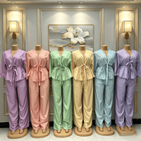 Tenues d'été tendance pour femmes, haut élégant à manches longues avec col en V et pantalon large, ensemble deux pièces, vêtements pour femmes