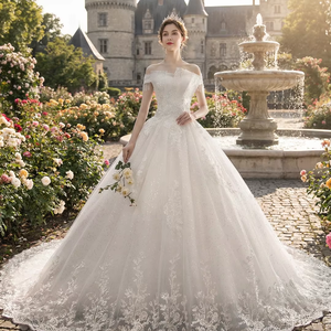 Robe de mariée transfrontalière pour le commerce extérieur, Nouvelle collection 2026, pour mariée, épaules dénudées, coupe ajustée, traîne chapelle, ornée de cristaux, longueur ras du sol, style plage, grande taille - Product Image 1