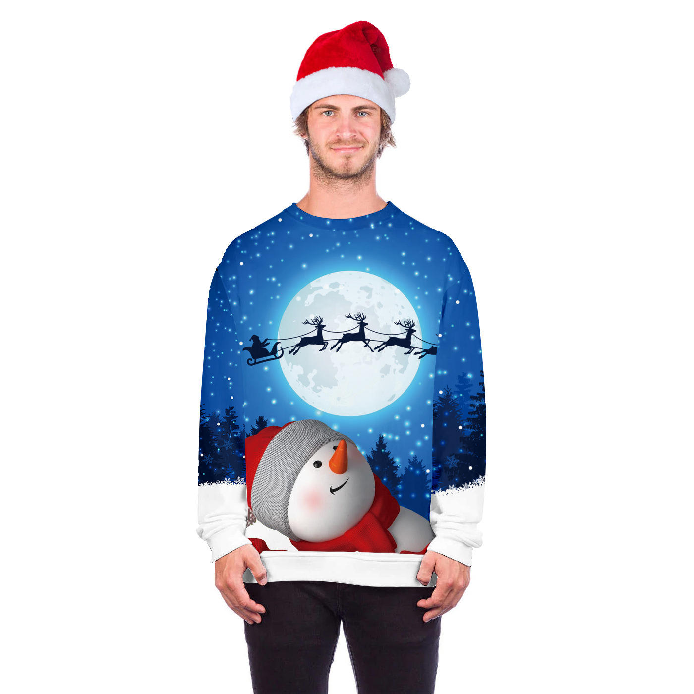 Snowman Elk Blue Christmas Sweater