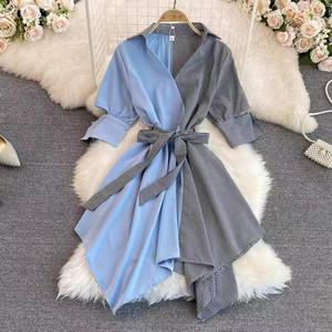 Zomer Casual Midi-Jurk Met Korte Mouwen Nieuwe Gestreepte Geweven Digitale Print Ademende Strapless Imperium Taille Kant Decoratie - Product Image 4