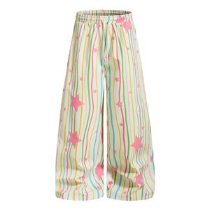 Pantalon large pour femme, rayé, imprimé étoiles roses, coupe ample, taille haute élastique, décontracté, été, longueur complète, tissé - Product Image 1