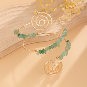 Spiral Beaded Metal Arm Cuff with Natural Semi-Precious Stones Bohemian Upper Arm Bracelet - Product Image 5