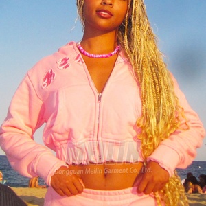 Custom Distressed Embroidery Streetwear <b>Cropped</b> Acid Wash <b>Zip</b> <b>up</b> Hoodies and Shorts Set Two Piece Tracksuit Sweatsuit Set Women - Product Image 5