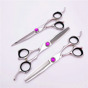 Tijeras de entresacar de acero inoxidable 440C premium con mango de gema morada, tijeras de peluquería de mango largo para uso en barberías y salones. - Product Image 1