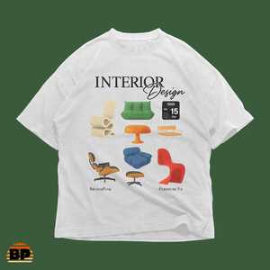Camiseta gráfica extragrande con iconos de muebles de diseño de interiores, estampado de sillas de mediados de siglo con temática espacial, ropa urbana unisex - Product Image 1