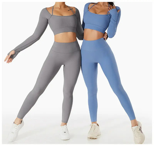 Joyyoung, Top de Yoga acanalado, trajes deportivos para <span class=keywords><strong>mujer</strong></span>, sujetador, conjunto de entrenamiento de manga larga, trajes de gimnasio para <span class=keywords><strong>mujer</strong></span>, medias, <span class=keywords><strong>Kit</strong></span> para <span class=keywords><strong>mujer</strong></span> - Product Image 2