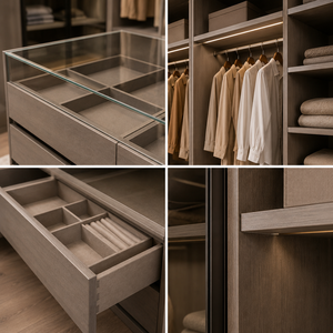 <span class=keywords><strong>Dressing</strong></span> moderne en bois foncé avec étagères ouvertes et éclairage LED, système de rangement professionnel certifié FSC - Product Image 2