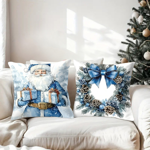 Bantal Natal dengan desain Santa, manusia salju, karangan bunga, dan pohon dalam warna biru dan putih yang nyaman. - Product Image 3