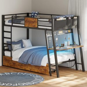 Lits superposés jumeaux avec tiroirs de rangement, lumières LED RGB, prises de courant de bureau, vente chaude - Product Image 1