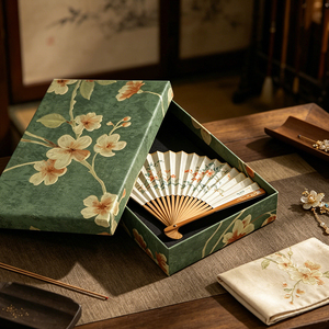 Custom Printed Dark Green Floral Gift Cardboard <b>Box</b> with Inner Padding for Cultural Keepsake and Folding Fan Gift <b>Packing</b> - Product Image 1