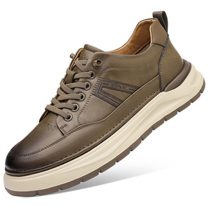Chaussures décontractées en cuir souple pour hommes, couleur kaki, talon bas, lacets avant, antidérapantes, confortables, chaussures de skate - Product Image 5