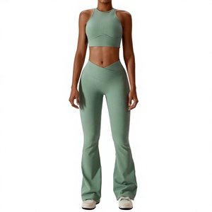 Conjunto de yoga de 2 piezas para mujer, azul marino liso, leggings de cintura alta, top corto con cuello alto, espalda cruzada, cremallera frontal, ropa deportiva sin costuras - Product Image 5