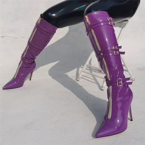 Botas de Verano para Mujer, Talla Grande 47, Punta Puntiaguda, por Debajo de la Rodilla, Cierre Frontal con Tres Hebillas, Tacón Alto y Delgado - Product Image 4