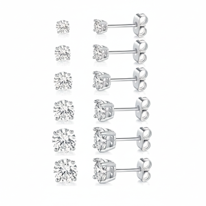 Orecchini a Perno Placcati in Oro Bianco con Zirconia Cubica Trasparente Rotonda da 4mm, Set di 6 Paia - Elegante Confezione da 6 Paia - Product Image 2