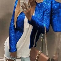 Nouvelle Veste Printemps 2026 Transfrontalière Femme Style Européen et Américain Col Montant Colorblock à Paillettes en Polyester avec Fermeture Éclair