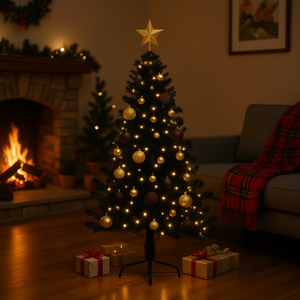 Sapin de Noël artificiel noir de 59,06 pouces pré-éclairé à LED blanc chaud, pour intérieur, sur pied, avec décorations et ornements - Product Image 2