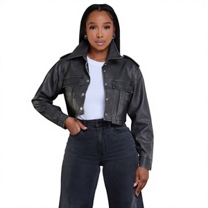 Women's PU Leather Moto Biker <b>Jacket</b> Stand Collar Button Closure Full <b>Sleeve</b> Solid Color <b>Short</b> Length Autumn Wear - Product Image 1