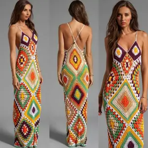 Nova blusa de malha de luxo feminina, atacado, nova vestido de crochê, praia, boho, malha crochê, vestido maxi