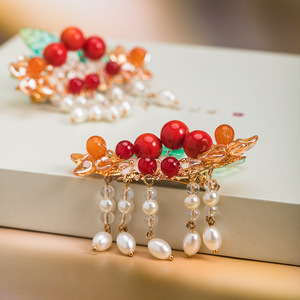 Pinza para el pelo de estilo antiguo con borlas, accesorio para el pelo Hanfu de color rojo etéreo, elementos Han de estilo chino, disfraz retro de estilo antiguo - Product Image 3
