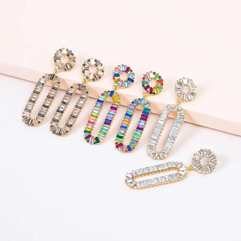 Wholesale Long Crystal Geometric Dangle Earrings Colorful Rhinestone Big Oval Hoop Earrings For Women