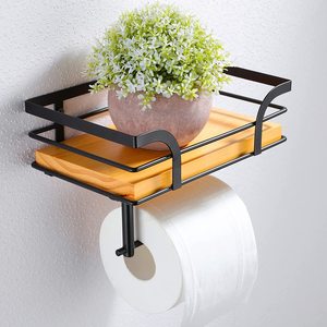 <span class=keywords><strong>Porte</strong></span>-<span class=keywords><strong>papier</strong></span> hygiénique ferme en <span class=keywords><strong>métal</strong></span> noir Oniya avec étagère pour accessoires de salle de bain rustiques avec étagère en <span class=keywords><strong>bois</strong></span> brun chaud - Product Image 2