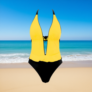 Costume da bagno intero taglie forti con controllo pancia, monokini sexy e coprente per la spiaggia, taglie 38-46, giallo e nero - Product Image 3