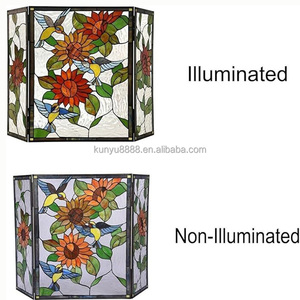 Stained Glass Fireplace <b>Screen</b> 3 Panels Sunflower Design Traditional Decor Cathedral Shape Living Room Artistic Decoration - Product Image 4