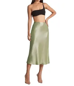 YingTang women skirts Fashion Ladies Women Satin Skirt Elastic High Waist Solid Split Midi length Skirt