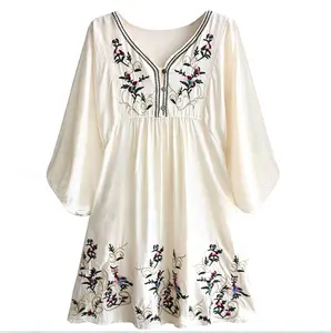 Túnica Floral Shift Leve Mini Vestidos Casuais das Mulheres Boêmio Bordado Solto Primavera 100% Algodão Adultos Vestidos