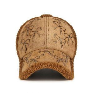 Casquette de baseball en peluche avec nœud et strass, version coréenne, mignonne et tendance, pour filles et femmes, idéale pour l'hiver - Product Image 3