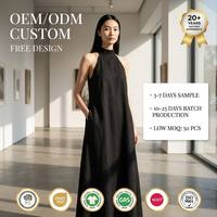 Robe longue décontractée noire 100 % coton, col halter, poches latérales, écoresponsable, mode estivale décontractée