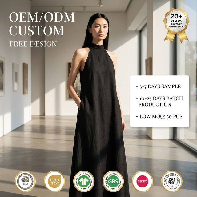 Relaxed Fit Maxi Dress Black 100% Cotton Halter Neck Side Pockets Sustainable Eco-Friendly Sweet Summer Casual Fashion Gown