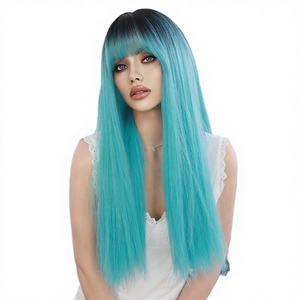 <span class=keywords><strong>Parrucca</strong></span> Sintetica Liscia con Frangia <span class=keywords><strong>Turchese</strong></span> Resistente al Calore per Capelli Verde Bluastro, Densità 150%, Radici Nere per un Look Naturale - Vendita all'Ingrosso - Product Image 2