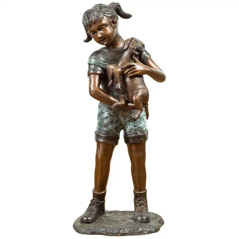Customized Hand Made Cast Life Size Brass Child Kids Dog Tree Statue Bronze Children Sculpture For Garden Outdoor Decor