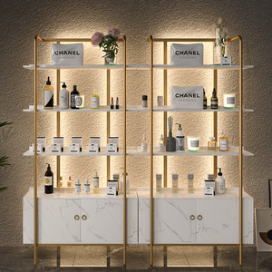 Vitrine de présentation de produits de beauté professionnelle, présentoir sur pied doré pour boutique de cosmétiques, présentoir de cosmétiques à LED - Product Image 4