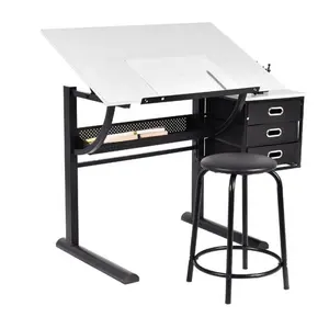 木制金属绘图工艺美术桌折叠可调节办公桌连凳子-黑色/白色成人