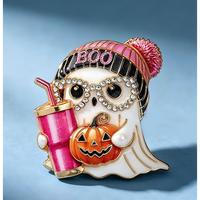 Épinglette fantôme en émail avec chapeau en tricot rose et broche en strass d'Halloween, avec accessoire citrouille pour la décoration de vêtements et de sacs