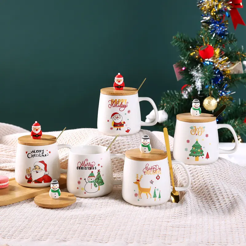 New Ceramic Christmas Tree Mug Ceramic Coffee Cups Gift Box Santa Mug And Spoon Set Box Mug With Bamboo Lid