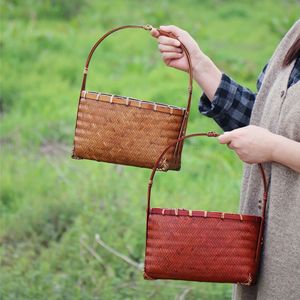 Handmade Bamboo Woven Basket Oval Red Bohemian Style Women's Tote Bag Storage For Tea Set Fruit Household Use - Product Image 1