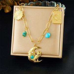 Gold Plated Vintage Turquoise Inlaid Moon Owl Pendant Clavicle Chain Necklace Themed Pendants Gift Jewelry - Product Image 1