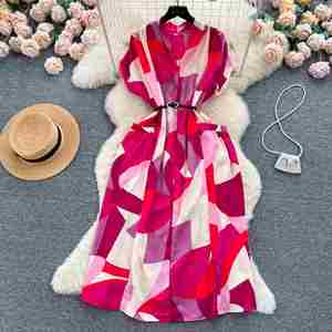 Vestido midi vintage de verano con cuello en V y estampado imperio para mujer, estilo túnica ajustada con encaje - Product Image 1